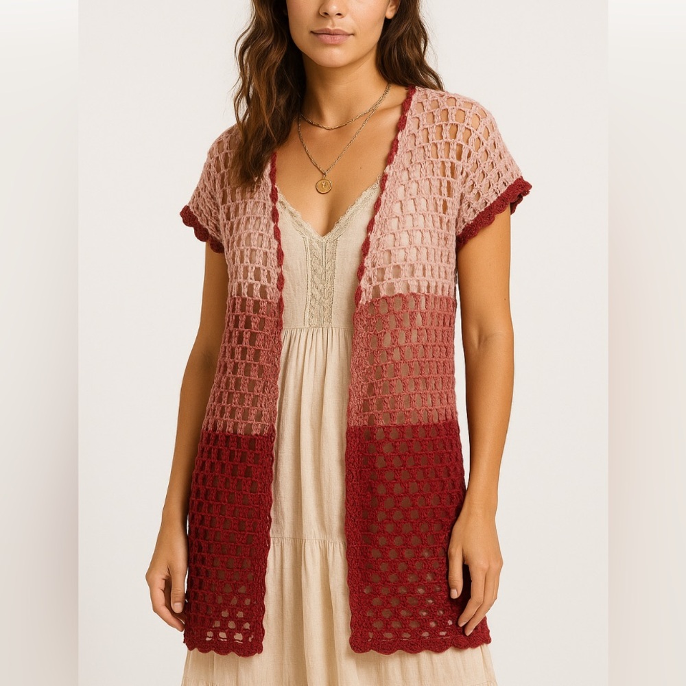 Handmade Crochet Boho Colorblock Cardigan Pink & Burgundy Open Weave Sweater
